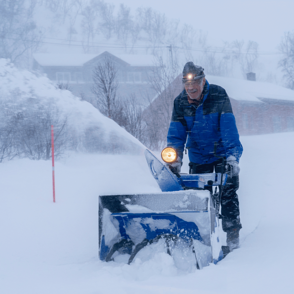 An older man wearing a blue winter jacket and headlamp uses a snowblower to clear deep snow during a heavy snowstorm, with houses and trees faintly visible in the background
