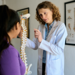 Chiropractor explaining spinal alignment using a spine model during a patient consultation
