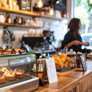 Cozy coffee shop counter with fresh pastries and a barista at the espresso machine