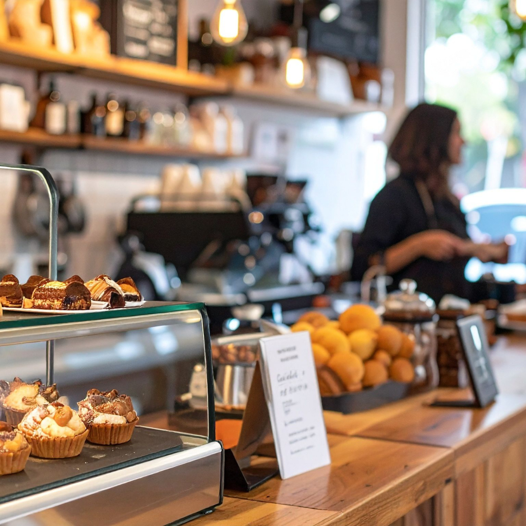 Cozy coffee shop counter with fresh pastries and a barista at the espresso machine